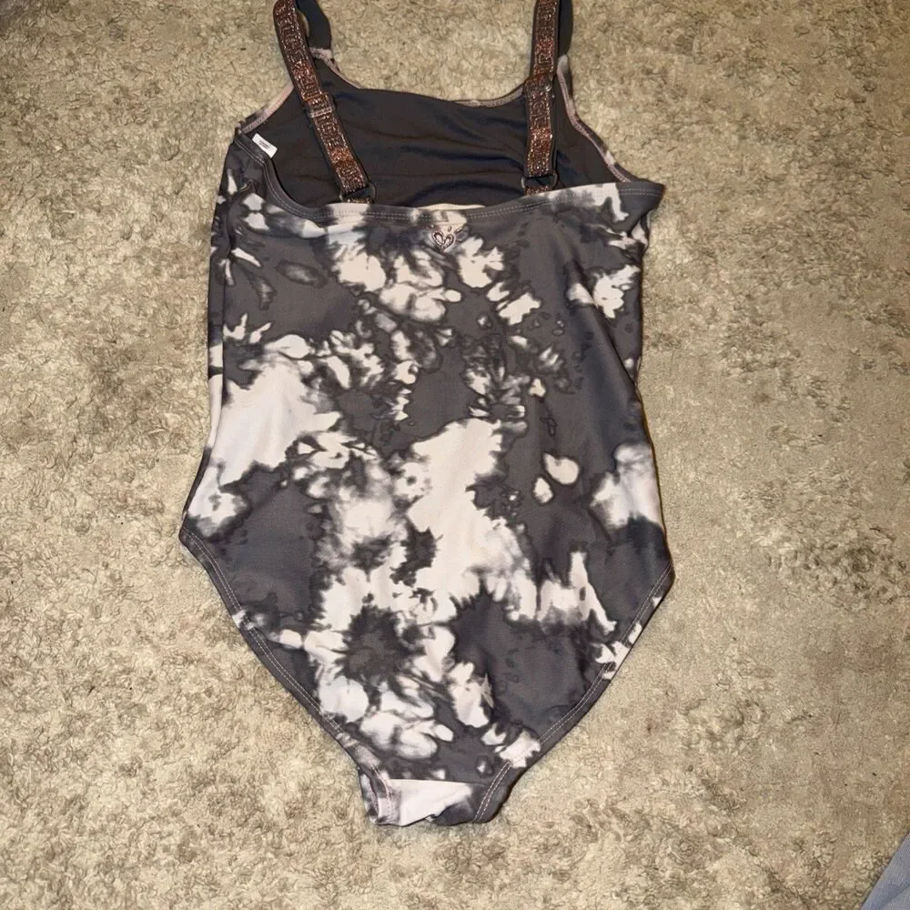 Justice Gray/White/Pink Glittery  One Piece Body/Bathing Suit  Sz 14 xl